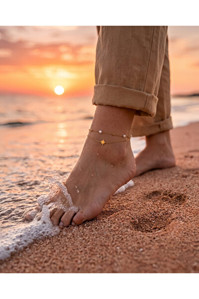 Eva Takı Store Star Figured Pearl Anklet with Dangle Gold Color Anklet