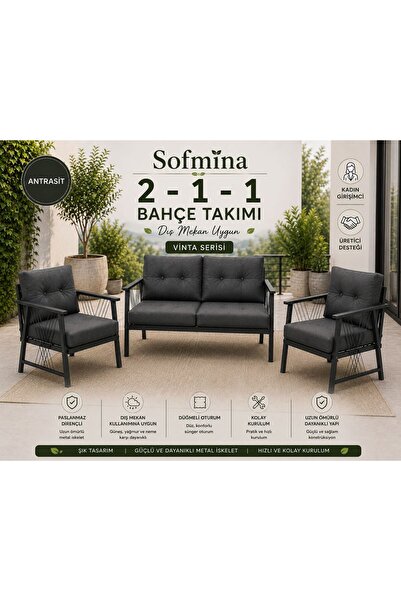 Sofmina Vinta Antrasit Bahçe Mobilyası Seti 2+1+1 - Metal İskelet Balkon Bahç...