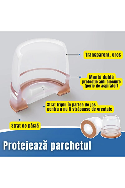 OEM Protectii picioare scaun Ø26-32mm cu pasla, set 8 buc, capace transparente anti-zgariere pentru