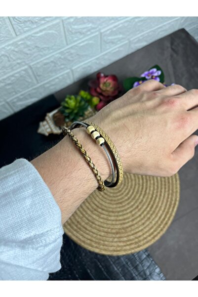 WAKHA Beige Patterned Leather Braided and Wooden Bead Detailed Men's Bracelet