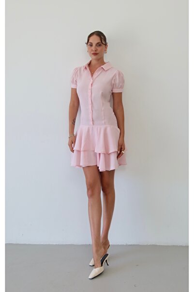 Myra Fashion Fırfırlı Katlı Gömlek Elbise Mini Boy Kısa Kol Klasik Yaka Boyda...