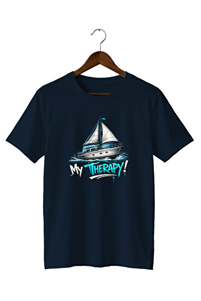 WİDİ Sailboat and Sea My Therapy Street Style Printed T-Shirt 100% Cotton