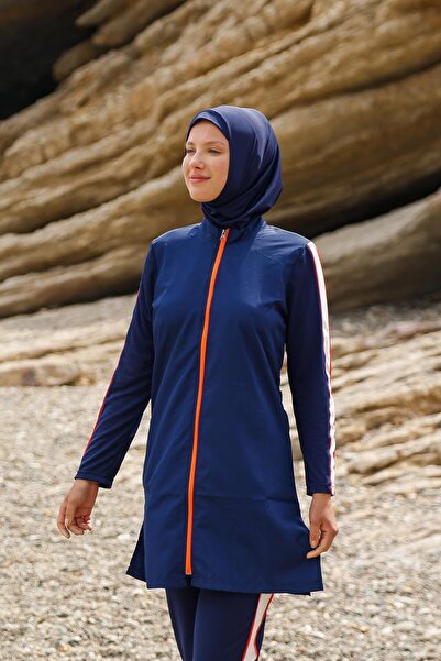Marina Swimwear Fully Covered Hijab Swimsuit Navy Blue Parachute Fabric Zippe...