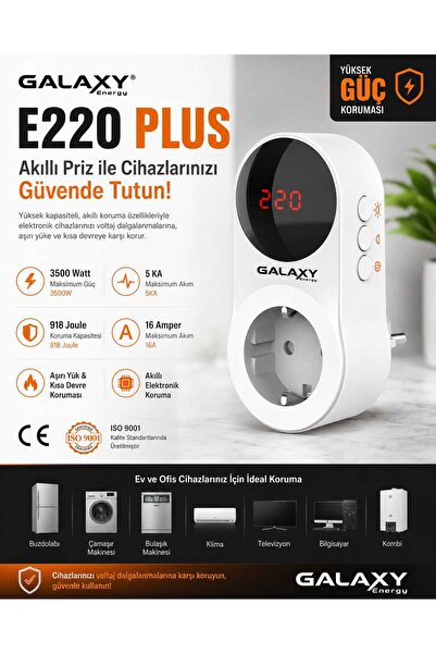 GALAXY Energy E220 Plus Akım Koruma Prizi 3500W 16A Dijital Ekranlı Akıllı Pr...