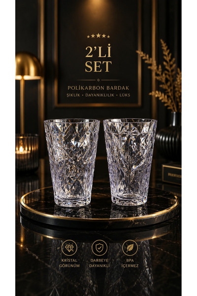 YAZICI 2'li Polikarbon Kokteyl Bardağı 300 ML Kristal Görünümlü Kırılmaz Meşr...