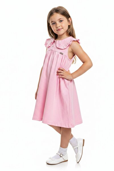 Toontoy Girl's Regular Fit Baby Collar Buttoned Short Sleeve Dress 25049