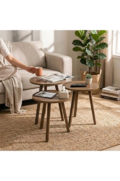 The Living Circular Wooden Nesting Service Tables Set | Modern 3-Piece Hospit...
