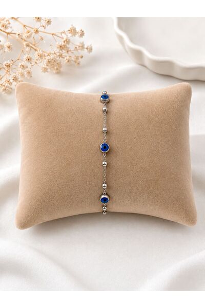FİORE WOMEN 316L Steel Evil Eye Beaded Women's Bracelet Silver Color Adjustab...