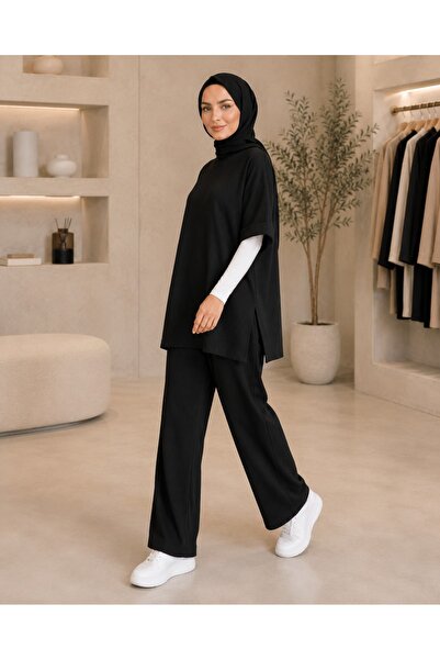 vvesario Kadın Siyah Fitilli Oversize İkili Takım