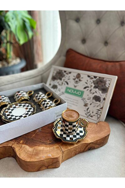 NOVVO Lüks Damalı Gold Detaylı 6 Kişilik Kahve Fincanı Takımı