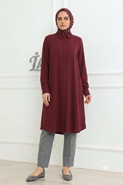 EnModa Kadın Bordo Terrycotton Gizli Düğmeli Boyfriend Uzun Tunik Gömlek & Te...