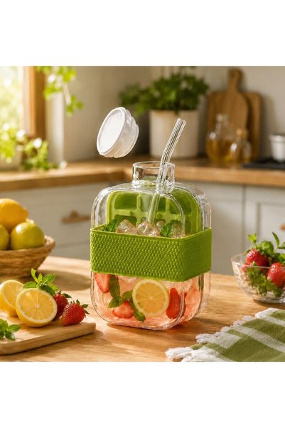 Pixue Leak-Proof Gourmet Beverage & Icebox Bottle with 9 Ice Chambers, 5 Glass Straws, Gift