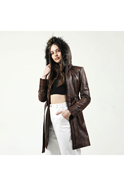 Dericlub Yb-2134/K Battal Real Leather Women's Trench Coat Camel Antique