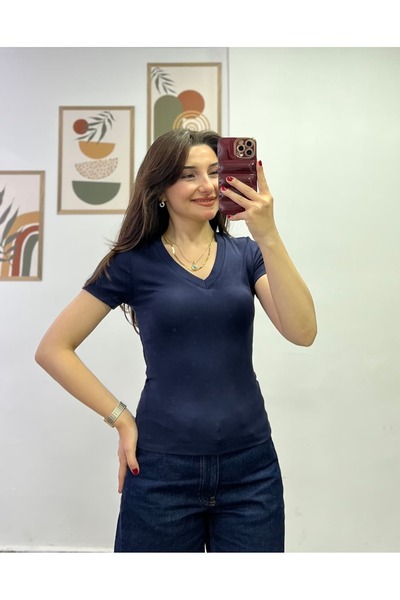 bydenizcollection Short Sleeve V-Neck Cotton Fabric Tshirt