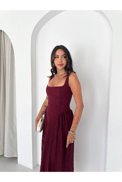 Bella Breeze Lace Textured Square Neck Midi Dress Elegant Women's Summer Dress