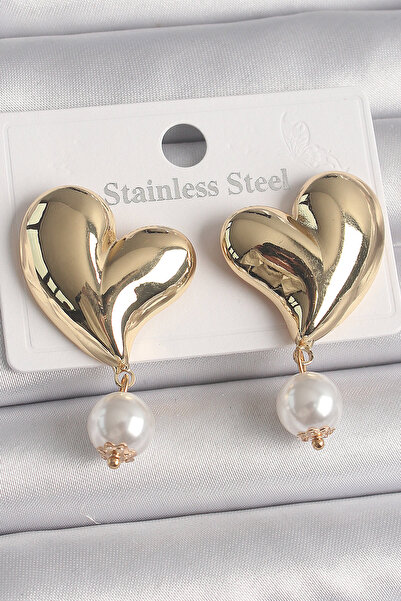 OGHAMAY Brass Gold Color Heart Model Dangle Pearl Detail Women's Earrings