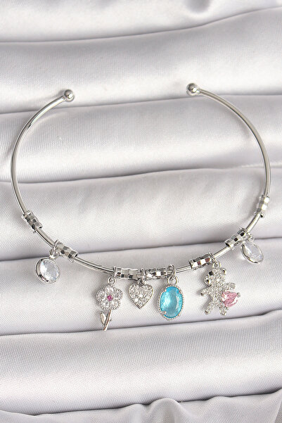 OGHAMAY Brass Silver Color Dangle Zircon Stone Teddy Bear Figure Flower Detai...