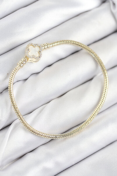 OGHAMAY Pirinç Charm Zirkon Taşlı Yonca Model Gold Renk Kadın Bileklik