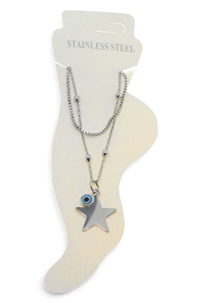 OGHAMAY Silver Color Elevator Ball Star Evil Eye Steel Anklet - 3429
