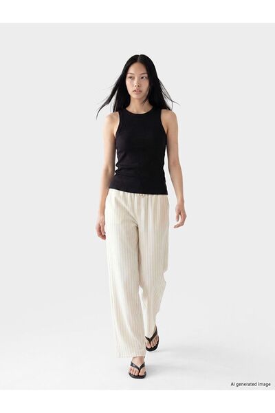LC Waikiki Xside White Elastic Waist Striped Women's Trousers