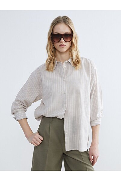 LC Waikiki Lcw Vision Beige Striped Oversize Poplin Women's Shirt