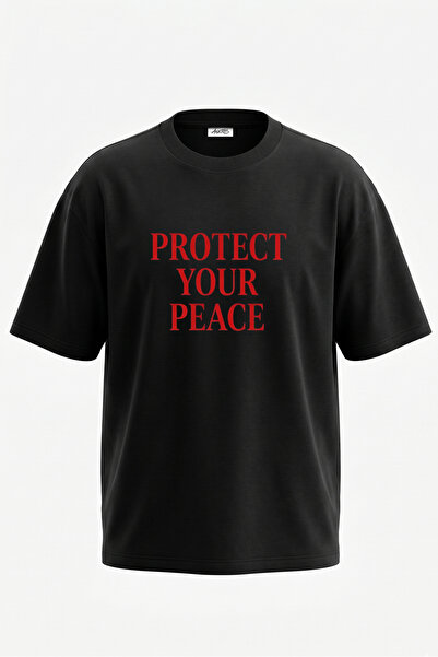 Anetos Tricou oversize negru din bumbac cu imprimeu pe spate Protect Your Pea...