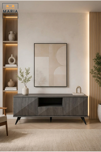 MARIA HOMES Modern TV Unit with Storage Cabinet – Dark Wood Entertainment Con...
