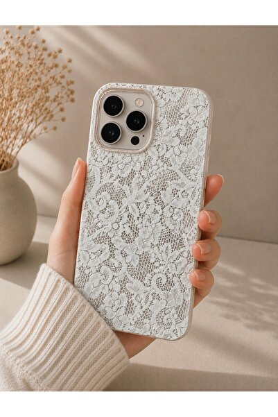 OVADA İphone 15 Pro Uyumlu Beyaz Dantel Desenli Silikon Telefon Kılıfı