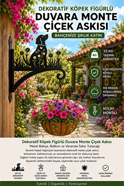 Saklı Home Dekoratif Köpek Figürlü Metal Duvara Monte Çiçek Askısı | Lazer Ke...