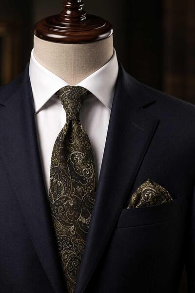 Kravatkolik Coffee Khaki Shawl Patterned Classic Tie with Handkerchief Kk13720