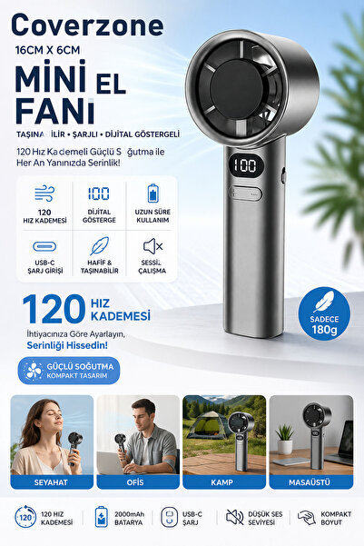 Coverzone 16cmx6cm Mini Küçük El Fanı Taşınabilir Şarjlı Dijital Göstergeli A...