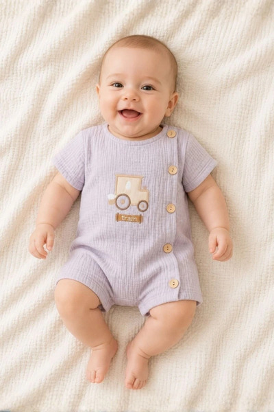 iQBaby Tren Nakışlı Müslin Erkek Bebek Tulum