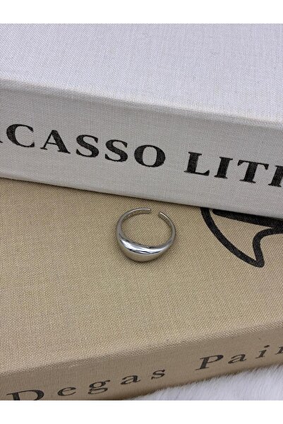 Hedef Bijuteri Silver Color Center Domed Basic Adjustable Brass Ring T1