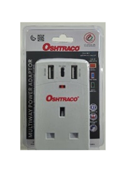Oshtraco 13AMP 3WAY MULTI PLUG UK TYPE WITH 2 USBA &1 PD18W CHARGER