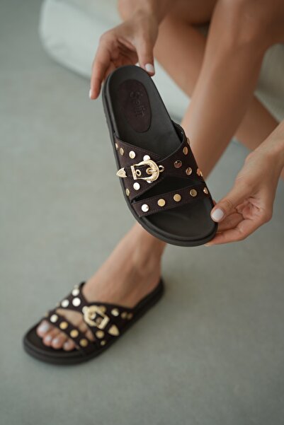 selin shoes Γυναικείες παντόφλες Ceron με κεντημένη χρυσή πέτρα και λεπτομέρε...