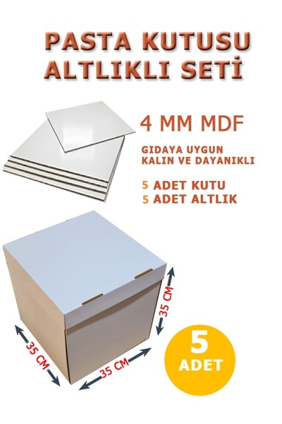 kutucum 35 X 35 X 35 PASTA KUTUSU 5 ADET ve ALTLIK SETİ| YAŞ PASTA KUTUSU BEY...