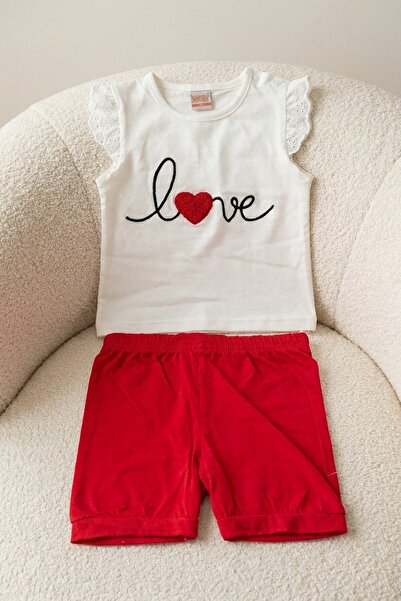 dinamik çocuk Baby Girl Love Embroidered 2-Piece Summer Set Ruffle Sleeve Cot...