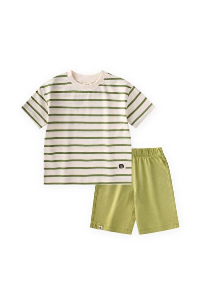 Cigit Striped Basic Capri Set 1-5 Years Green Striped