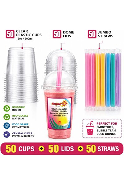 Sunny Your Bright choice Sunny Clear Plastic Cups with Dome Lids & Straws, 16 oz (Pack of 50) – Reusable Transparent Cold Drink Cups for Smoothies, Bubble Tea, Iced Coffee & Juice