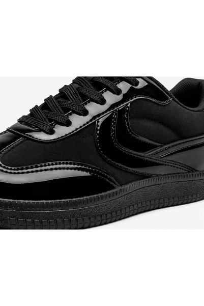Runnix Shoes Black Patent Leather Women's Sneakers, Casual Sports Shoes