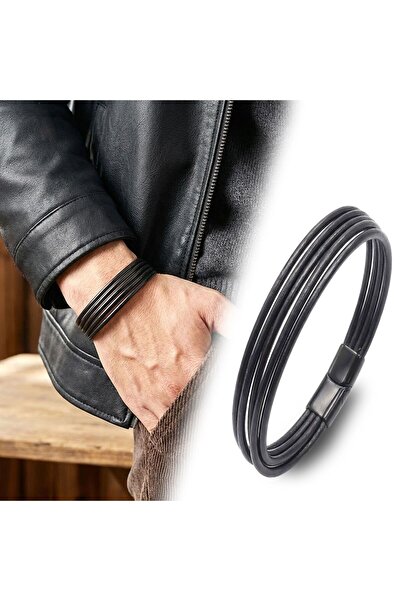 Generic Brand Black Multi Leather and Titanium Locking Steel Men's Bracelet 3...