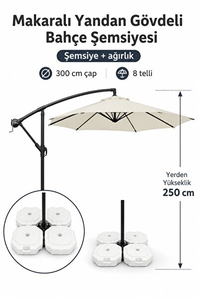 Düvenci Makaralı Krem Bahçe Şemsiyesi 300 cm Çap / 8 Telli + 4'lü 20 lt Sabit...