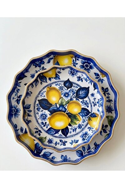 SELÇUK Limon Desenli Kenarları Gold Yaldızlı İkili lüks Tepsi Takımı