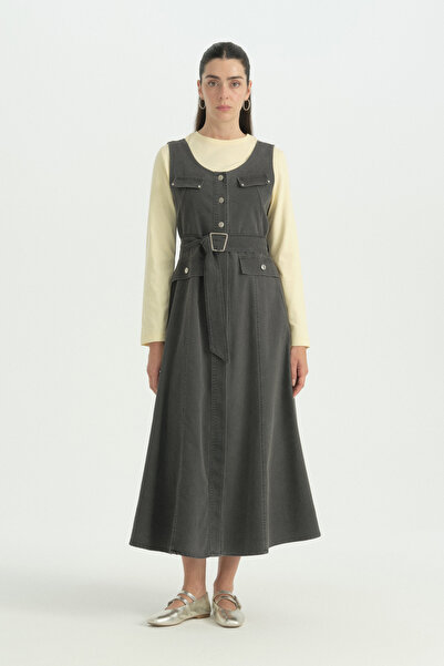 Nihan Front Buttoned Belted Denim Cotton Gilet - Smoked