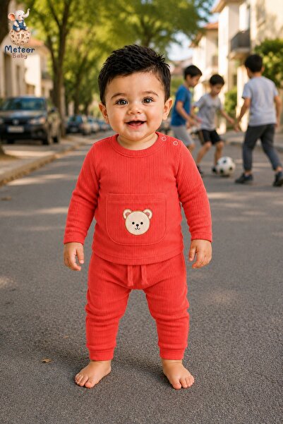 METEOR BABY Baby Boy Set - Children's Set - Teddy Bear Pocketed Ribbed Cotton Seasonal Top and Bottom Baby Set