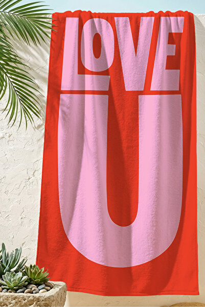 Evimde Bambaşka Prosop de plajă modern cu text „Love” - Tipografic roșu roz, ...
