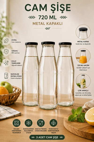 Rotanev 3 Adet 720 ml Siyah Metal Kapaklı Cam Şişe Şeffaf Sürahi Süt, Ayran, ...