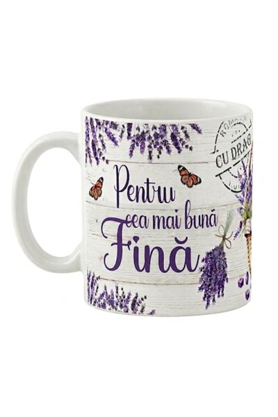 LimArt Cană ceramică personalizată, model cu lavandă și fluture, 350 ml, "Pen...