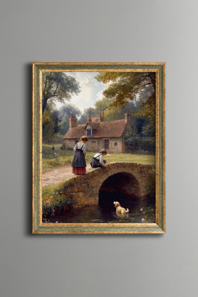 epiqart Taş Köprüde Çocuklar ve Dere Manzarası Tablosu - Vintage Desenli Çerç...