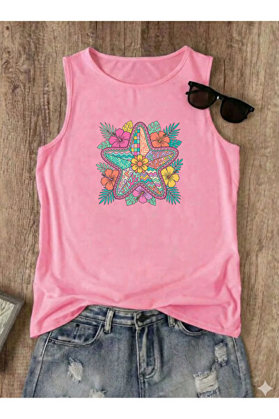 SUNFREE Tropical Sea Star Printed Sleeveless Crew Neck Women's Tshirt